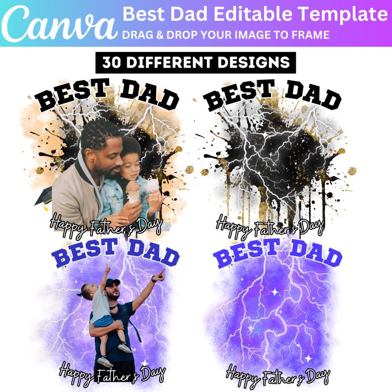 Puede incluir: Un dise&ntilde;o de plantilla digital para el D&iacute;a del Padre, con el texto "Best Dad" en negrita, con efectos de rayos y salpicaduras. El dise&ntilde;o incluye im&aacute;genes de un padre y un hijo, y el texto "Happy Father's Day". El logotipo de Canva es visible.