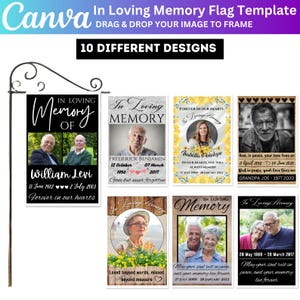 Puede incluir: Imagen de plantilla Canva con 10 diseños diferentes para banderas conmemorativas. Cada diseño presenta las palabras "In Loving Memory" con espacio para una foto y texto personalizado, incluyendo nombres, fechas y frases. Las banderas están diseñadas para ser personalizadas.