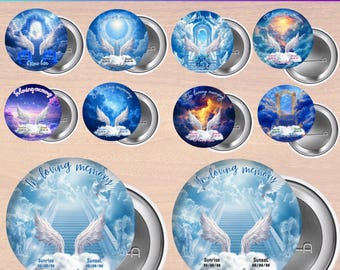 May include: A collection of memorial pin button templates with various celestial designs. Each button features a sky-themed background with angel wings, clouds, and the text "In loving memory". The buttons are round with a metal backing.
