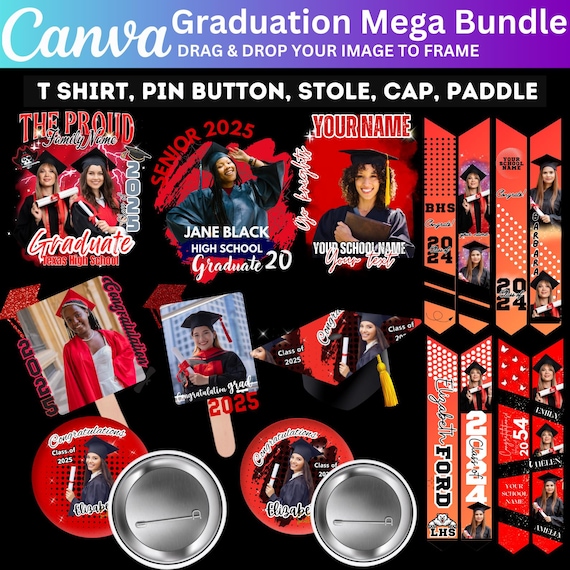 Grad School Shirt Template, 2025 Grad School Cap Designs, Graduation Stole Canva Designs, Graduate Pin Button, Grad Fan Paddle Template