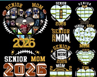 10 designs editáveis para camisetas de formatura de 2026 para mães de formandos, incluindo modelos para a turma de 2026, e designs para camisetas de formatura do time de futebol americano.