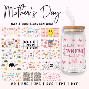 Paquete SVG de lata de vidrio para mamá, vidrio Mama Libbey de 16 oz y 20 oz, envoltura floral del Día de la Madre, lata de vidrio retro para mamá, regalo del Día de la Madre