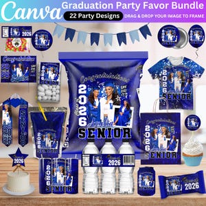 May include: A collection of graduation party favors in blue and white, including a t-shirt, water bottles, candy bar, and a cake. The items feature the text "Congratulations," "Class of 2026," and "Amelia Senior."