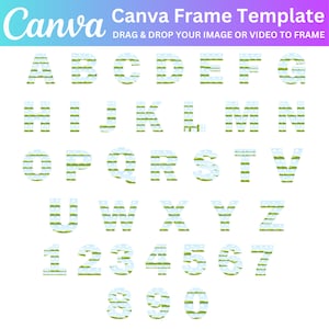 May include: A set of uppercase letters and numbers in a white font with a green and blue striped pattern. The letters and numbers are arranged in alphabetical and numerical order.