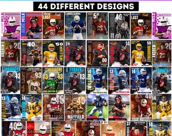 May include: A set of 44 football poster templates, each with a different design. The templates include player images, team names, and player details. The posters use diverse colours and fonts, with the Canva logo at the top.