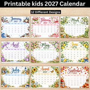 Puede incluir: Un conjunto de calendario 2027 imprimible con 12 páginas mensuales distintas. Cada página muestra una ilustración estacional única, incluyendo temas florales, de playa y de jardín, con el nombre del mes, el año y una cuadrícula de fechas.