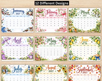 Printable 2027 Calendar, Cute Monthly Calendar 2027, 12 Month Calendar, 2027 Planner, Home School Calendar, Digital PDF, Instant Download