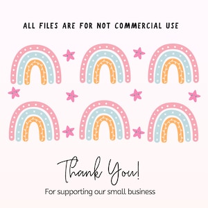 K&ouml;nnte beinhalten: Ein digitaler Download von sechs Regenbogen-Illustrationen in den Farben Rosa, Blau und Orange. Jeder Regenbogen hat einen gepunkteten Umriss und ist mit wei&szlig;en Sternen verziert. Der Text "ALL FILES ARE FOR NOT COMMERCIAL USE" befindet sich oben im Bild. Der Text "Thank You! For supporting our small business" befindet sich unten im Bild.