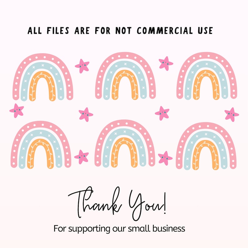 K&ouml;nnte beinhalten: Ein digitaler Download von sechs Regenbogen-Illustrationen in den Farben Rosa, Blau und Orange. Jeder Regenbogen hat einen gepunkteten Umriss und ist mit wei&szlig;en Sternen verziert. Der Text "ALL FILES ARE FOR NOT COMMERCIAL USE" befindet sich oben im Bild. Der Text "Thank You! For supporting our small business" befindet sich unten im Bild.