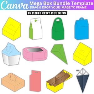 May include: A graphic showcasing 15 different box designs in various colors, including yellow, green, blue, and pink. The text "Mega Box Bundle Template" and "Drag & Drop Your Image to Frame" are displayed at the top.