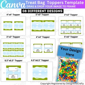 Può includere: Un modello per topper per sacchetti di dolcetti con otto diversi design. I design includono varie dimensioni, come 10 cm x 10 cm, 13 cm x 13 cm e 8 cm x 8 cm. Alcuni topper presentano un design cielo ed erba, altri hanno il testo "Buon Natale".