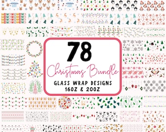 May include: A collection of 78 Christmas-themed designs for 16 oz and 20 oz glass wrap. The designs feature various holiday elements like snowflakes, reindeer, ornaments, and candy canes.