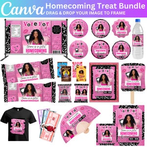 Puede incluir: Una colección de suministros para fiestas de Homecoming en rosa y negro. Incluye un telón de fondo, pegatinas, una etiqueta para botella de agua, una camiseta, un abanico y otros artículos, todos con una foto de una joven y el texto "Vote For Homecoming Queen".