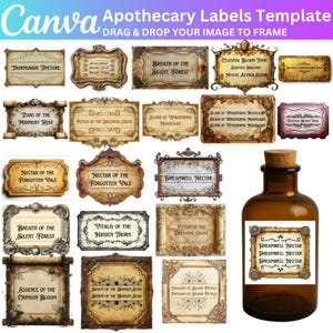 Puede incluir: Plantilla de etiquetas de boticario con varios diseños, incluyendo "Thornshade Tincture" y "Dreamwell Nectar". Las etiquetas son de estilo vintage, con marcos ornamentados y elementos en forma de pergamino. También se muestra una botella de vidrio marrón con tapón de corcho y etiqueta.