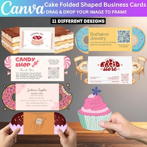 Könnte beinhalten: Elf Kuchen-gefaltete Visitenkarten-Designs werden gezeigt. Die Karten zeigen Grafiken zum Thema Bäckerei, darunter Kuchen, Donuts, Cupcakes und Süßigkeiten. Textelemente sind "Candy Shop" und "Bread Store".