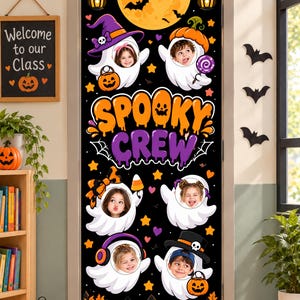 May include: A rectangular Halloween door cover featuring a black background with a large yellow moon, bats, and lanterns. The text "SPOOKY CREW" is centred in orange and purple. Six white ghost illustrations include circular cutouts for photos.