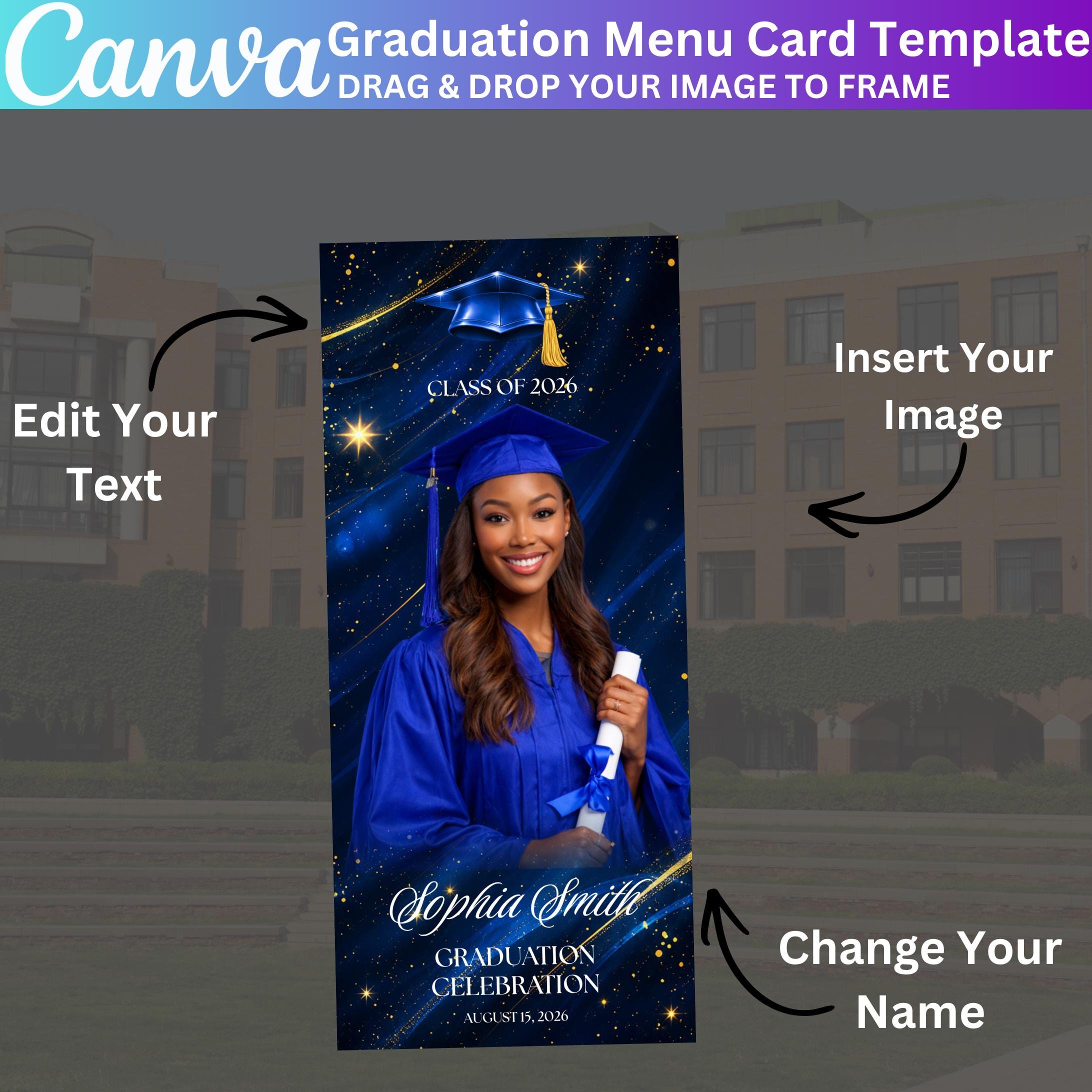 Blue Graduation Menu Template With Photo, Editable Canva Graduation ...