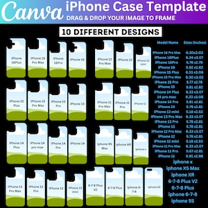 以下が含まれることがあります： 10種類のデザインが施されたiPhoneケーステンプレート。iPhoneモデルとそのサイズの一覧が含まれています。Canvaのロゴが上部にあり、画像をドラッグアンドドロップする手順が記載されています。