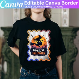 Puede incluir: Camiseta negra con un dise&ntilde;o de Halloween. El dise&ntilde;o presenta una bruja en una escoba frente a una luna llena, con la frase "LONG LIVE HALLOWEEN". El dise&ntilde;o est&aacute; enmarcado por un borde a rayas.