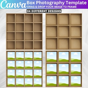 Könnte beinhalten: Box-Fotografie-Vorlage mit vier verschiedenen Designs. Die Vorlage zeigt Holzregale mit mehreren Fächern. Einige Fächer sind leer, während andere Landschaftsbilder mit blauem Himmel und grünen Feldern enthalten. Das Canva-Logo ist sichtbar.