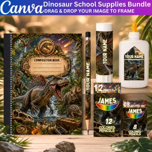 May include: A dinosaur-themed school supplies bundle featuring a spiral-bound composition book, a pencil, a glue stick, and two boxes of colored pencils. Each item displays prehistoric jungle imagery, dinosaur illustrations, and the text "YOUR NAME" or "JAMES".