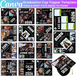 May include: A collection of graduation cap topper templates with various designs. Each template features a photo collage, the graduate's name, and the year 2026. The designs include text like "Congratulations" and "Graduate". The caps are black.