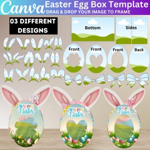 May include: An Easter egg box template with three different designs. The template includes various bunny ear designs, egg shapes, and bow accents. The text "03 DIFFERENT DESIGNS" is visible, along with "HAPPY EASTER" on the egg designs.