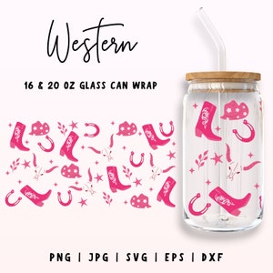 Western Glass Can SVG, 16oz & 20oz Libbey Wrap, Cowboy Cowgirl can svg, Cowboy Boots Hat Wrap, Cow Skull Libbey Glass Digital Download
