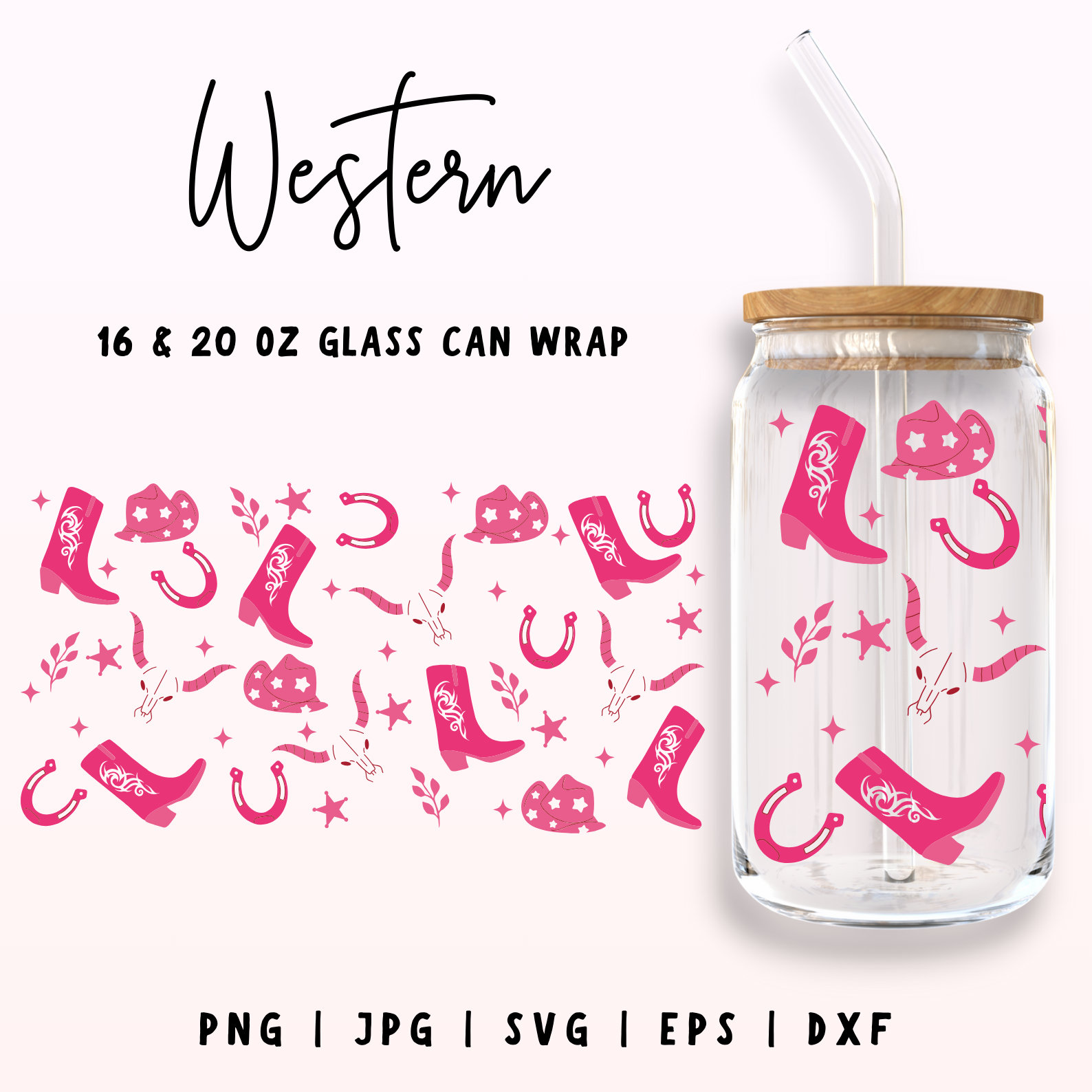 Western Glass Can SVG, 16oz & 20oz Libbey Wrap, Cowboy Cowgirl Can Svg