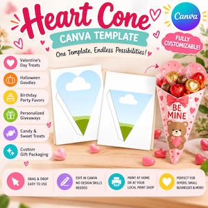 Puede incluir: Una plantilla digital de Canva para un cono en forma de corazón con el texto Heart Cone, CANVA TEMPLATE, One Template, Endless Possibilities y BE MINE. El diseño incluye un oso pardo, corazones rojos y un cono lleno de dulces.