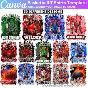 Peut inclure: Modèle de t-shirt de basket-ball avec 30 designs différents. Chaque design présente des joueurs de basket-ball, des noms d'équipes et des graphiques. Les designs incluent des noms d'équipes comme Bulldogs, Wild Cats et Horents, avec des noms et des numéros de joueurs.