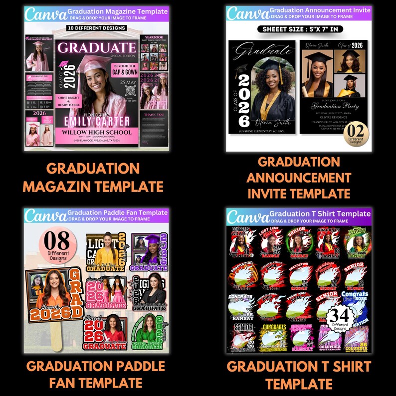 Abschluss Mega Bundle Canva Templates, Class of 2026 Grad Kit, Bootleg Shirts, Fan Paddles, Zeitung, Stola, Banner, Partygeschenke, Dekor Bild 11