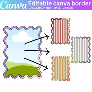 Puede incluir: Imagen con el logotipo de Canva y el texto &laquo;Borde Canva editable&raquo;. La imagen muestra un marco con bordes ondulados con una escena de paisaje y tres opciones de borde a rayas en rojo, azul y amarillo.