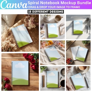 Könnte beinhalten: Ein Mockup-Bundle von Spiralnotizbüchern mit 15 verschiedenen Designs. Jedes Notizbuch zeigt einen blauen Himmel mit einer weißen Wolke und grünen Hügeln. Das Canva-Logo befindet sich oben links. Der Text lautet: "DRAG & DROP YOUR IMAGE TO FRAME".
