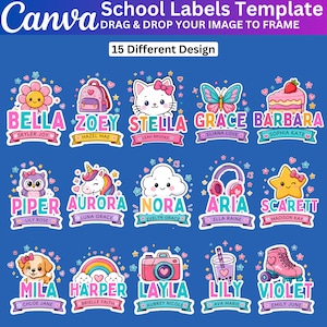Puede incluir: Una plantilla de etiquetas escolares de Canva con 15 diseños diferentes que incluyen ilustraciones coloridas de una flor, mochila, gato, mariposa, pastel, búho, unicornio, nube, auriculares, estrella, cachorro, arcoíris, cámara, bebida y patín.
