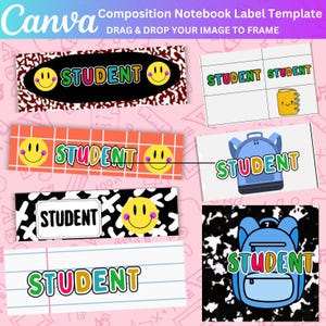 Puede incluir: Una plantilla de etiqueta de cuaderno de composición de Canva con varios diseños. Las etiquetas presentan la palabra "STUDENT" en fuentes coloridas, acompañadas de caras sonrientes y gráficos temáticos de cuadernos. Las etiquetas están diseñadas para ser personalizadas.