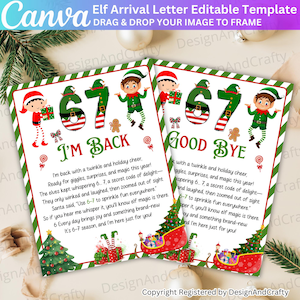 Puede incluir: Dos plantillas imprimibles de cartas de llegada de elfos navideños. Cada tarjeta presenta una ilustración de elfo, el texto "I'm Back" o "Good Bye" y un diseño festivo con un trineo, regalos y un árbol de Navidad.