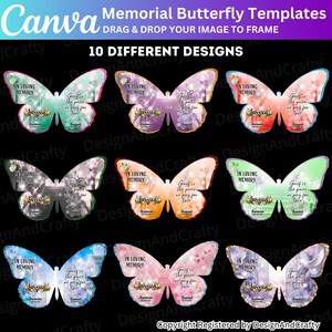 Puede incluir: Una colecci&oacute;n de diez plantillas de mariposas conmemorativas con varios dise&ntilde;os. Cada mariposa presenta el texto "In Loving Memory", un nombre y una cita. Las mariposas son de diferentes colores, incluyendo azul, rosa y morado.