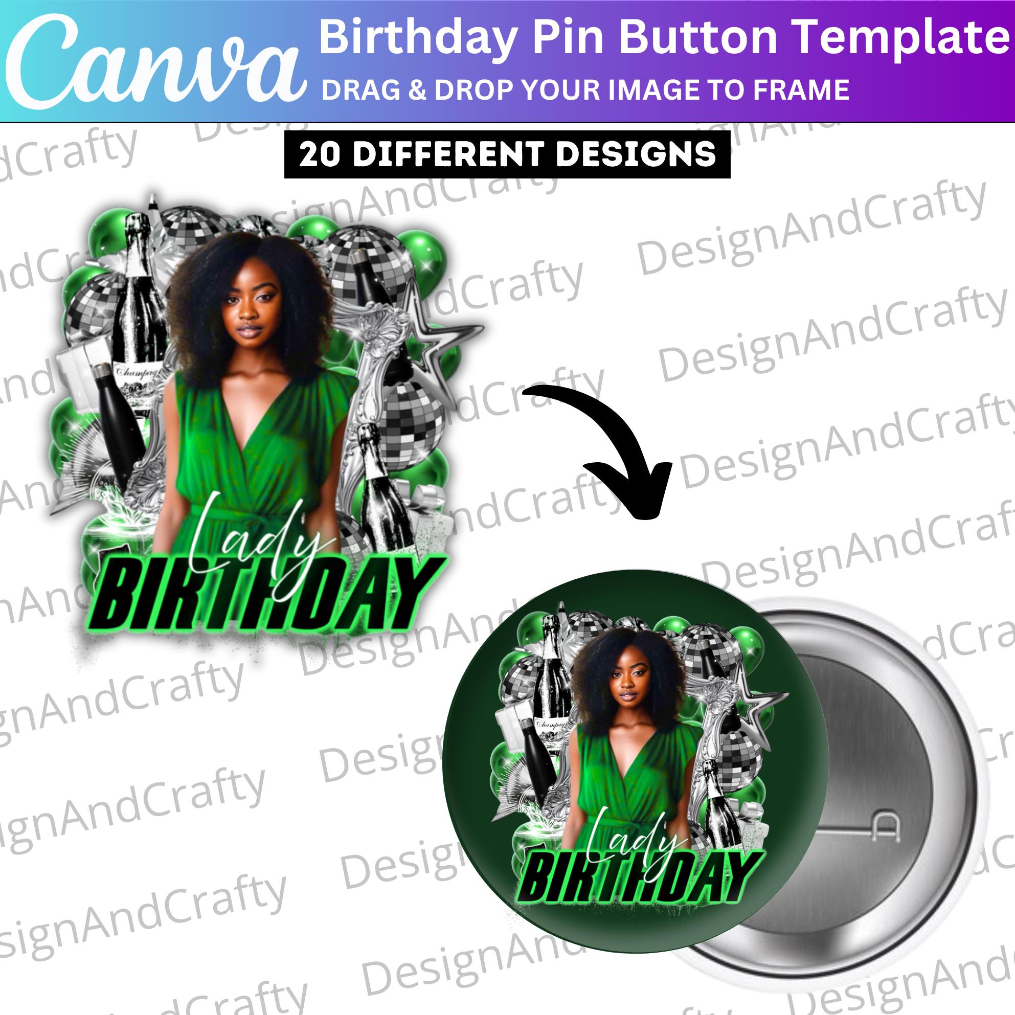20 Birthday Party Pin Button Canva Template, Birthday Stickers Designs ...