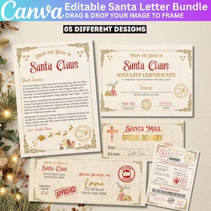 Puede incluir: Una colección de papelería festiva con temática de Santa Claus. Incluye una carta, un certificado de la Lista de Buenos, una nota de entrega especial de Santa Mail y un boleto de North Pole Express. Los diseños presentan bordes decorativos e ilustraciones de renos.