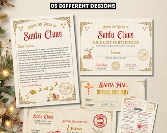 Peut inclure: Ensemble de papeterie sur le thème du Père Noël. Comprend une lettre, un certificat de la liste des gentils, une note de livraison spéciale Santa Mail et un billet North Pole Express. Les motifs présentent des bordures décoratives et des illustrations de rennes.