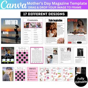May include: A digital magazine template for Mother's Day with 17 different designs. The template features a pink and white color scheme with images of mothers and children. The text on the cover reads "Best Mother" and "Olivia Joban Best Mom Ever!"