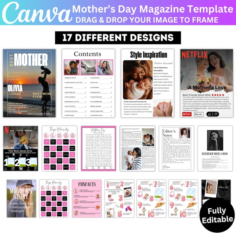 May include: A digital magazine template for Mother's Day with 17 different designs. The template features a pink and white color scheme with images of mothers and children. The text on the cover reads "Best Mother" and "Olivia Joban Best Mom Ever!"