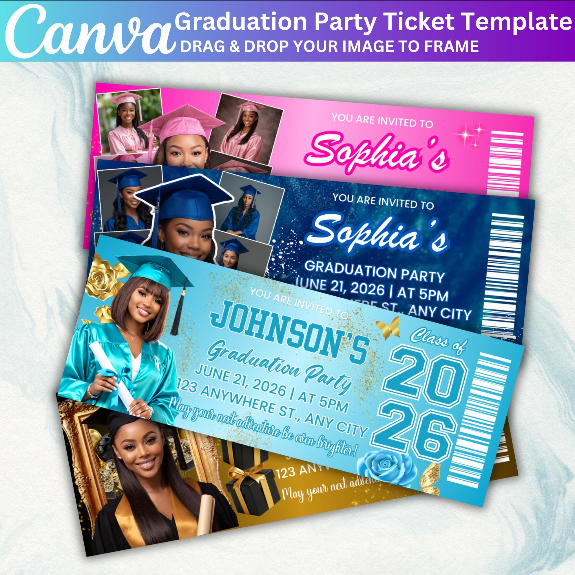 10 Graduation Party Ticket Template Bundle, Editable Canva Graduation ...