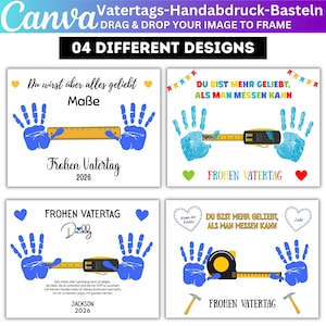 Peut inclure: Un ensemble de modèles numériques présentant quatre designs de bricolage avec empreintes de mains pour la fête des pères. Chaque mise en page inclut des empreintes bleues, des outils de mesure et du texte allemand comme 'Frohen Vatertag'.