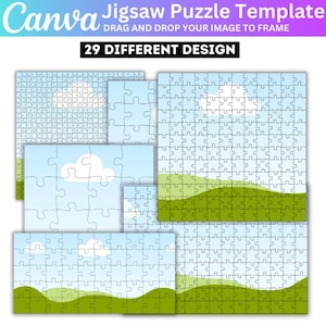 May include: A set of four jigsaw puzzle templates featuring a blue sky with white clouds and green hills. The templates are designed for use with Canva and include 29 different designs.