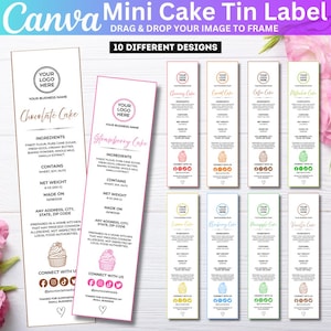 May include: A Canva template for mini cake tin labels, featuring 10 designs. The labels include space for a logo, business name, and ingredients. Each label showcases a different cake flavour, including Chocolate, Strawberry, and Vanilla.