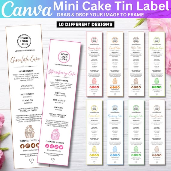 10 Mini Cake Tin Label Template, Canva Editable Bakery Packaging Label, Small Cake Sticker, Printable Round Dessert Label DIY Food Branding