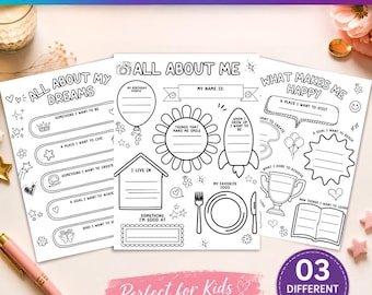 03 Paquete de hojas de trabajo "Todo sobre mí", actividad imprimible para la vuelta al cole, "Mi yo ideal", presentación del alumno, plantilla editable de Canva Digital