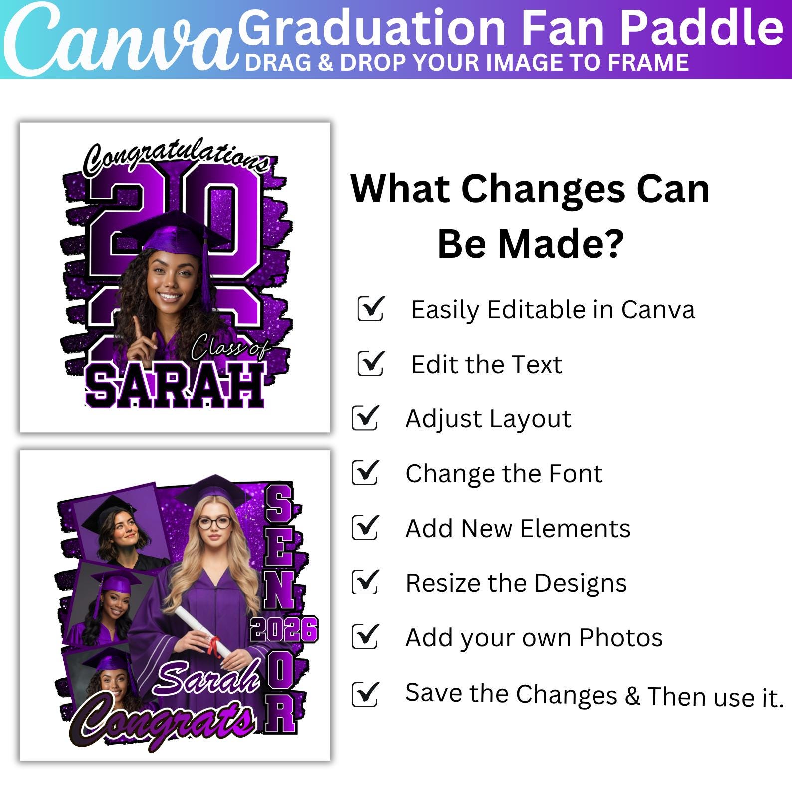 10 Purple Grad Fan Canva Editable Template, Custom Graduation Paddle ...